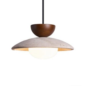 Rustic Carved Wood & Travertine Pendant Light, American Country Style, Dining Room Lamp, Natural Material Lighting Wholesale