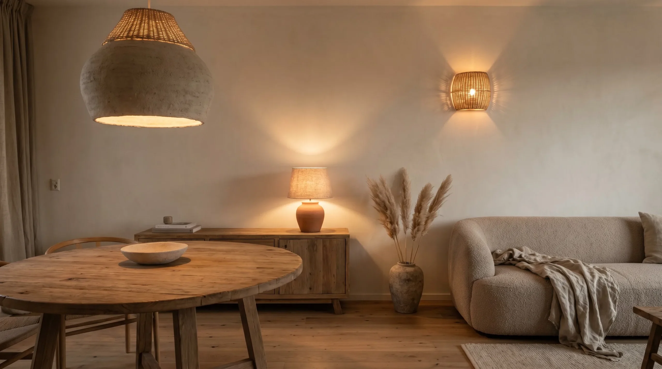 Wabi-Sabi interior lighting design guide showing a three-layer lighting system with ceramic pendant, terracotta table lamp, and raffia wall sconce